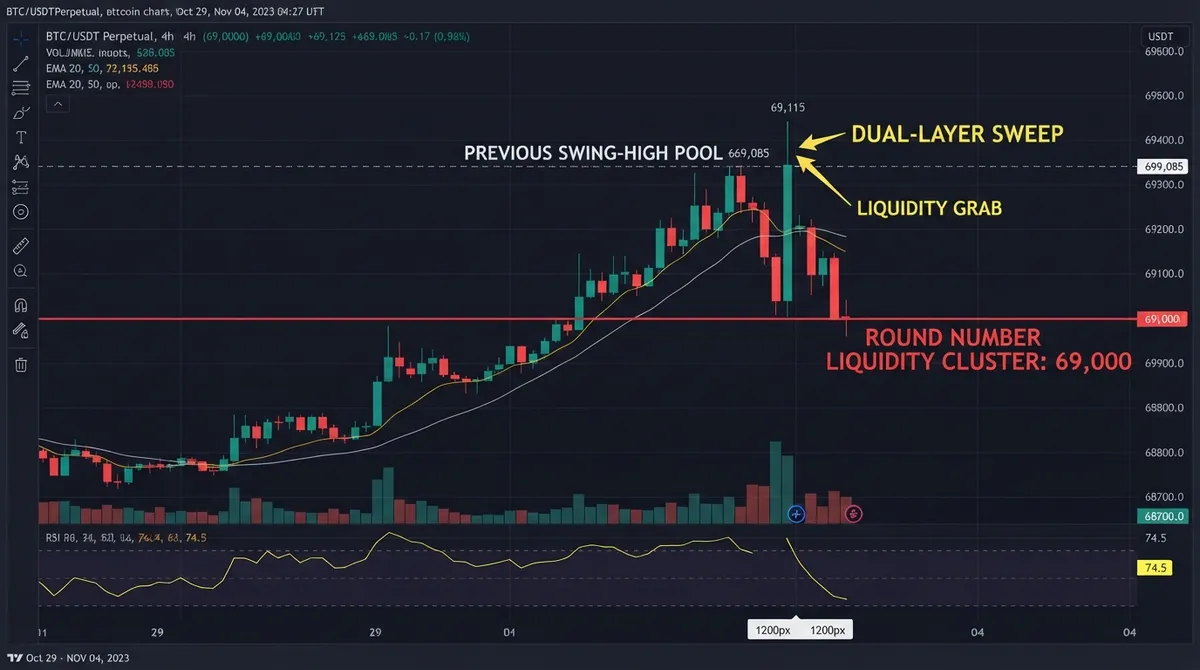 BTC/USDT 4H chart showing a dual-layer liquidity sweep above a previous swing-high pool and a round-number liquidity cluster at 69,000
