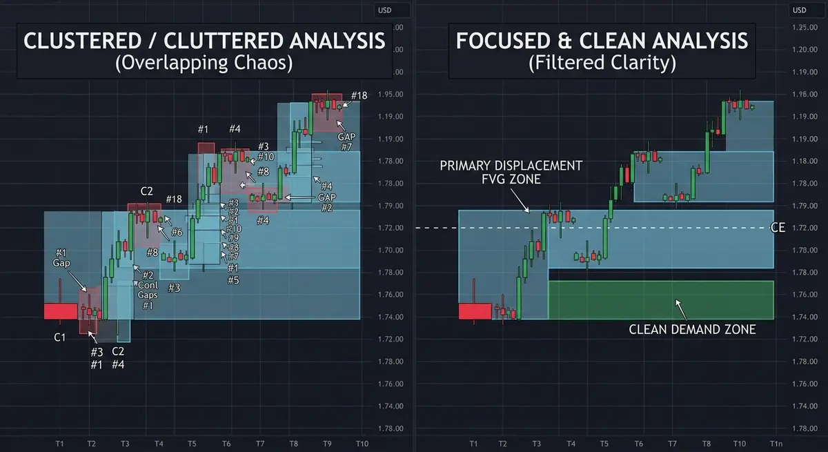 Crypto chart comparing an unfiltered order block indicator showing dozens of overlapping zones against a filtered view showing only the live, unmitigated external order blocks