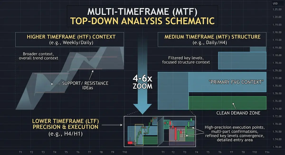 Three-panel crypto chart showing 4-hour, 1-hour, and 15-minute timeframes with aligned bullish structure, illustrating a correctly scaled multi-timeframe ratio