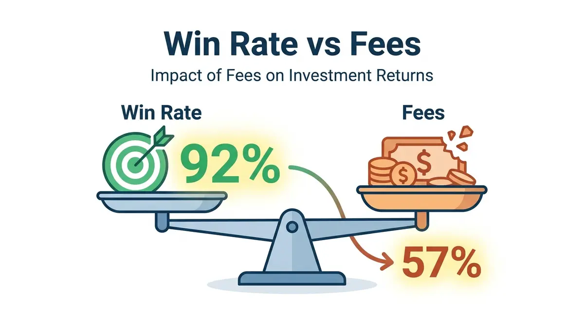 Chart illustrating how required break-even win rate shifts dramatically between taker-fee execution and maker-fee execution on the same scalping strategy