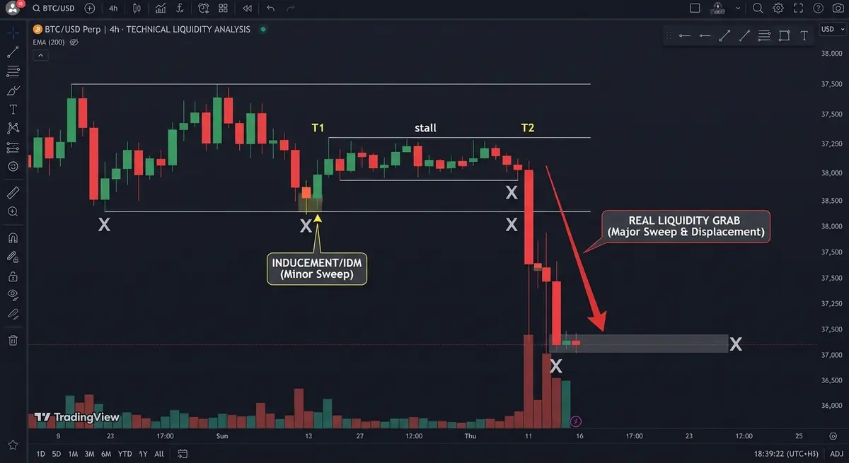 Crypto chart showing an inducement sweep at a minor high funding a subsequent genuine liquidity grab with displacement at a major structural high
