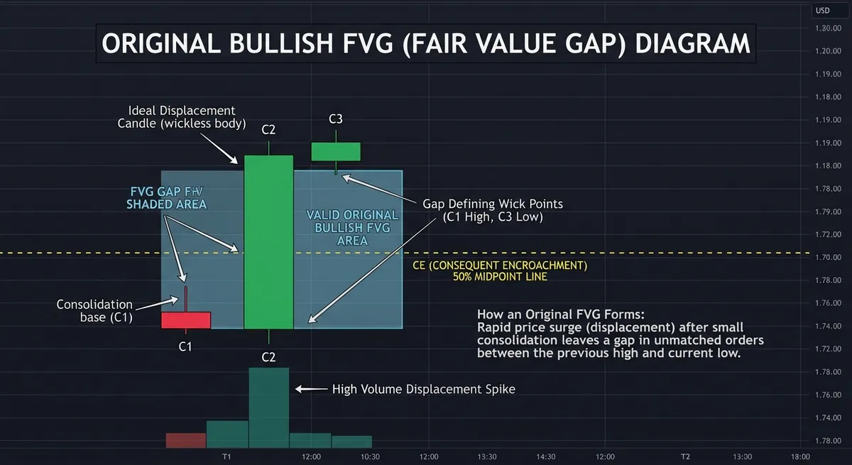 Diagram of an original bullish Fair Value Gap showing the three-candle structure, the FVG gap area, and the Consequent Encroachment 50% midpoint line