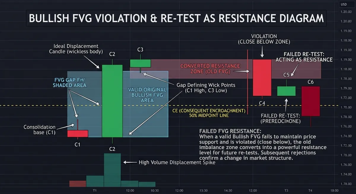 Diagram showing a bullish Fair Value Gap violated by a close below the zone, then converting into resistance on a failed retest