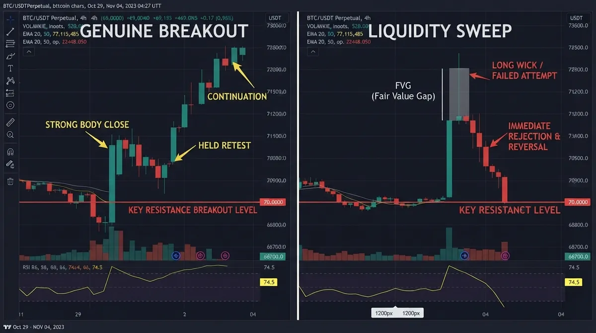Side-by-side comparison of a genuine breakout versus a liquidity sweep on BTC/USDT, showing the difference in wick rejection and follow-through after each break