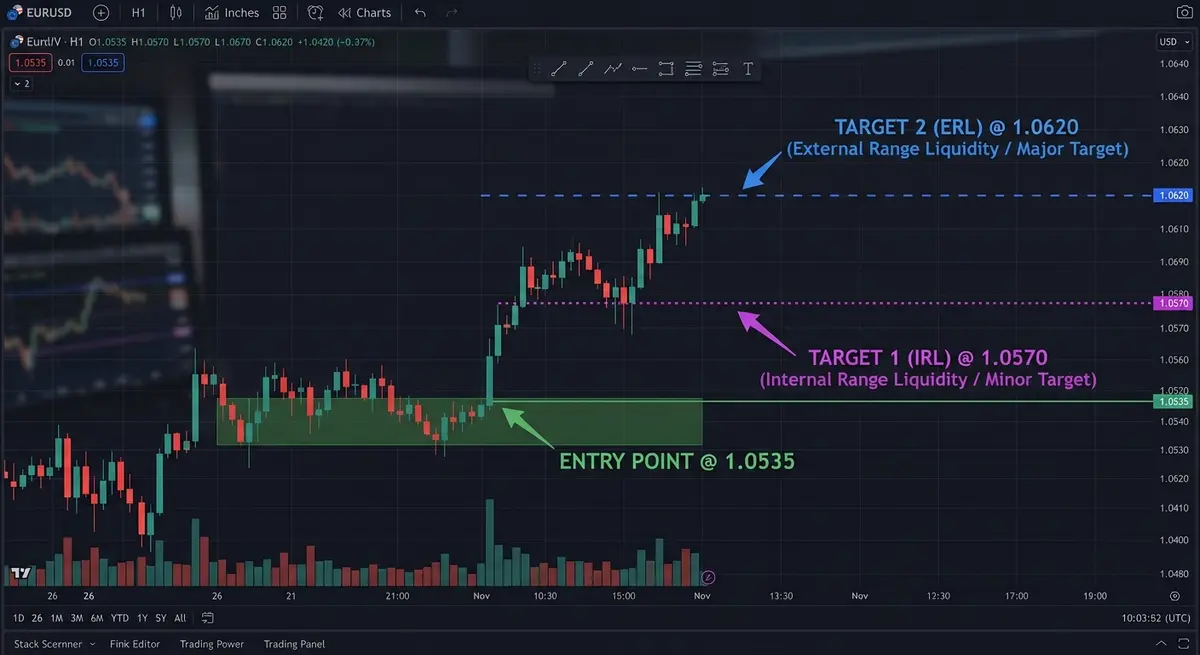 Chart showing internal range liquidity as a conservative take-profit target and external range liquidity as an extended target beyond the range