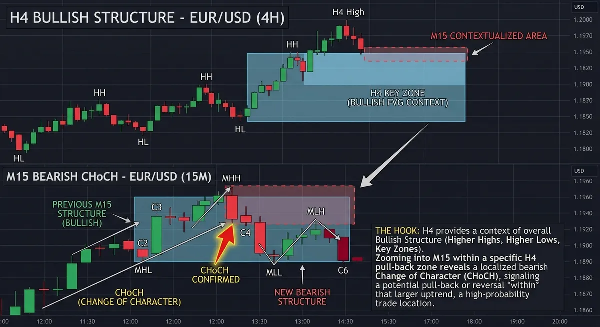 EUR/USD chart comparing an H4 bullish structure with higher highs and higher lows against a M15 bearish Change of Character forming inside the same H4 pullback zone