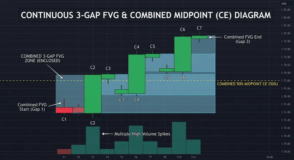 Crypto chart showing three stacked fair value gaps from one continuous displaced move merged into a single combined zone with one consequent encroachment level