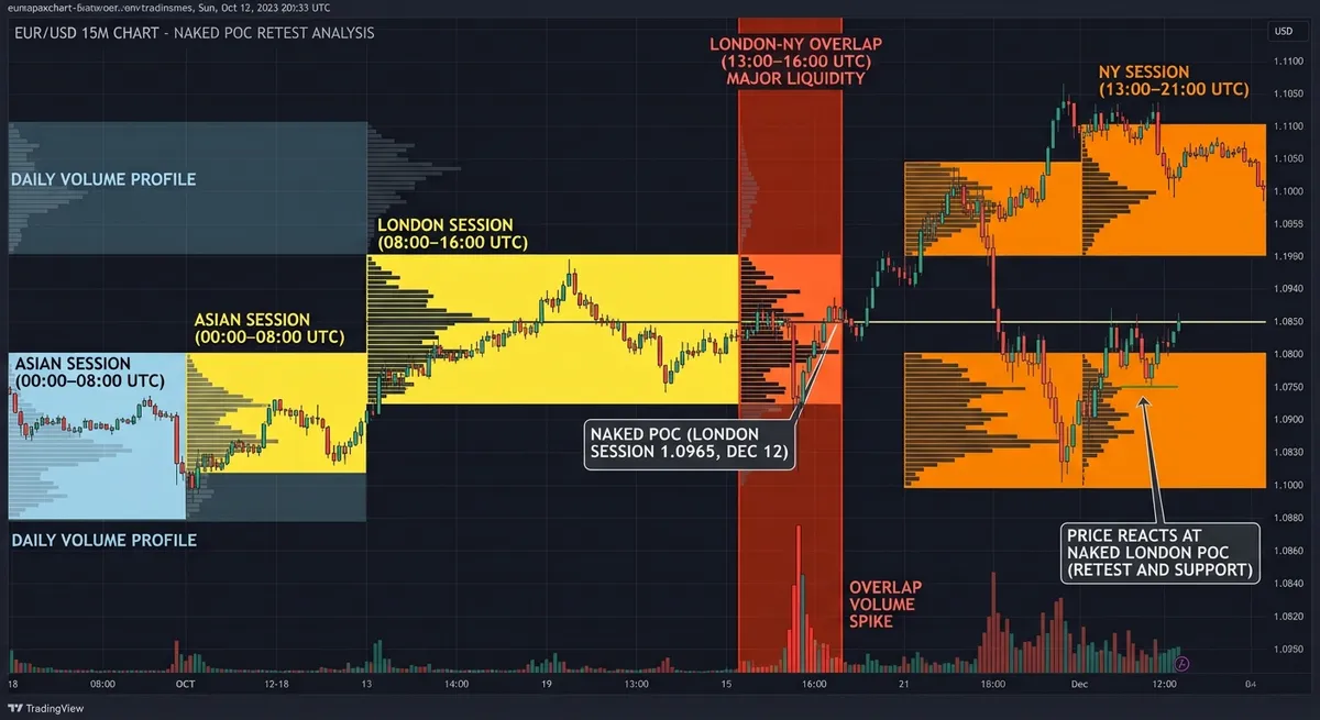 EUR/USD 15-minute chart with session volume profile marking a naked Point of Control from the London session and price reacting on a later retest