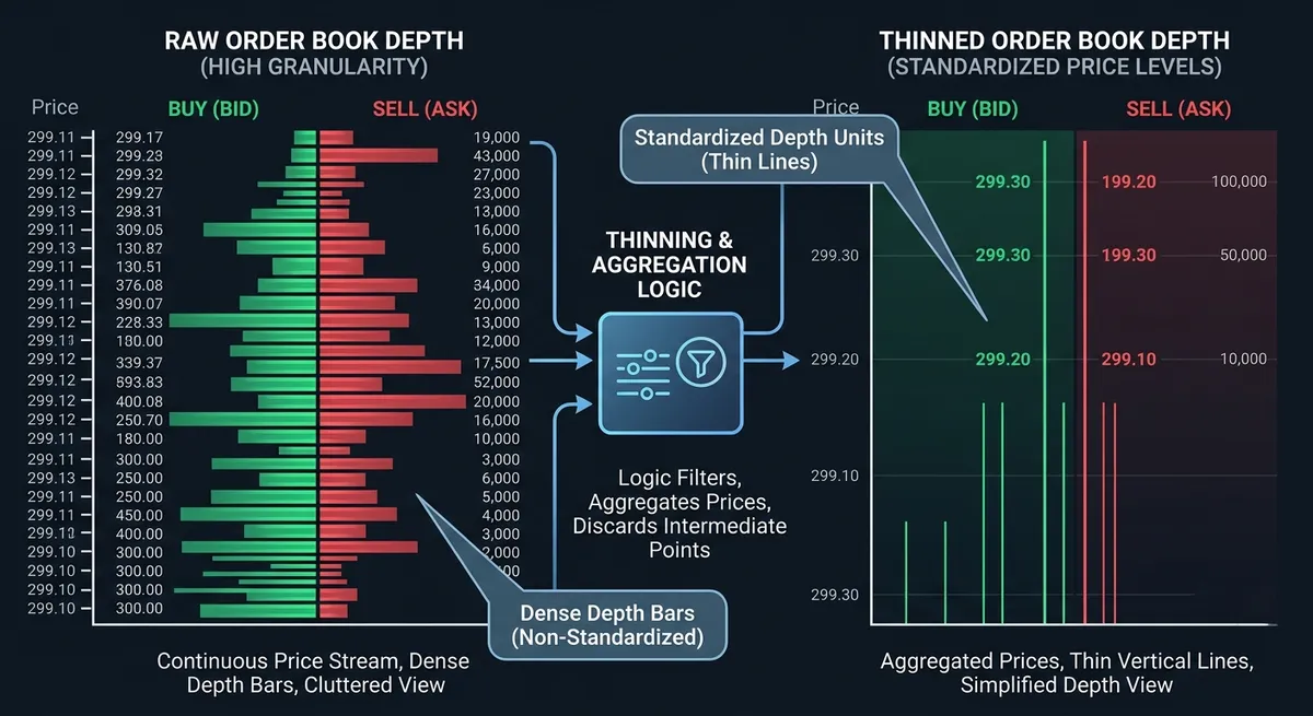 Diagram comparing raw, high-granularity order book depth against thinned, standardized order book depth used for execution analysis