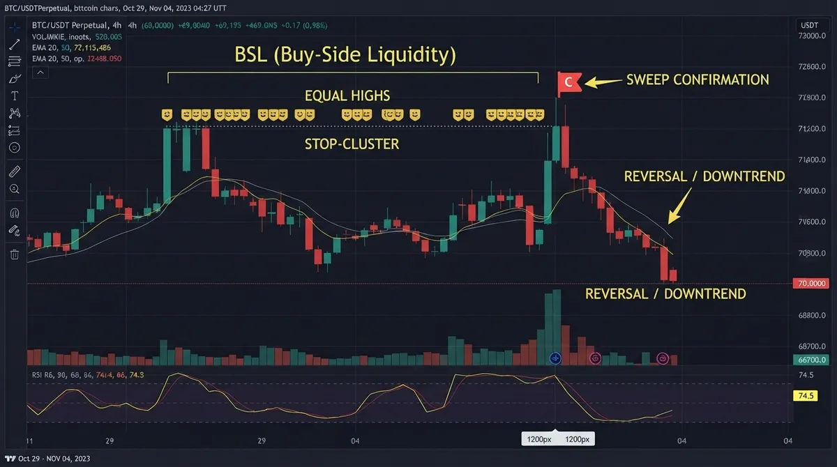 BTC/USDT 4H chart showing a cluster of equal highs marked as buy-side liquidity, a sweep confirmation wick, and the reversal into a downtrend that follows