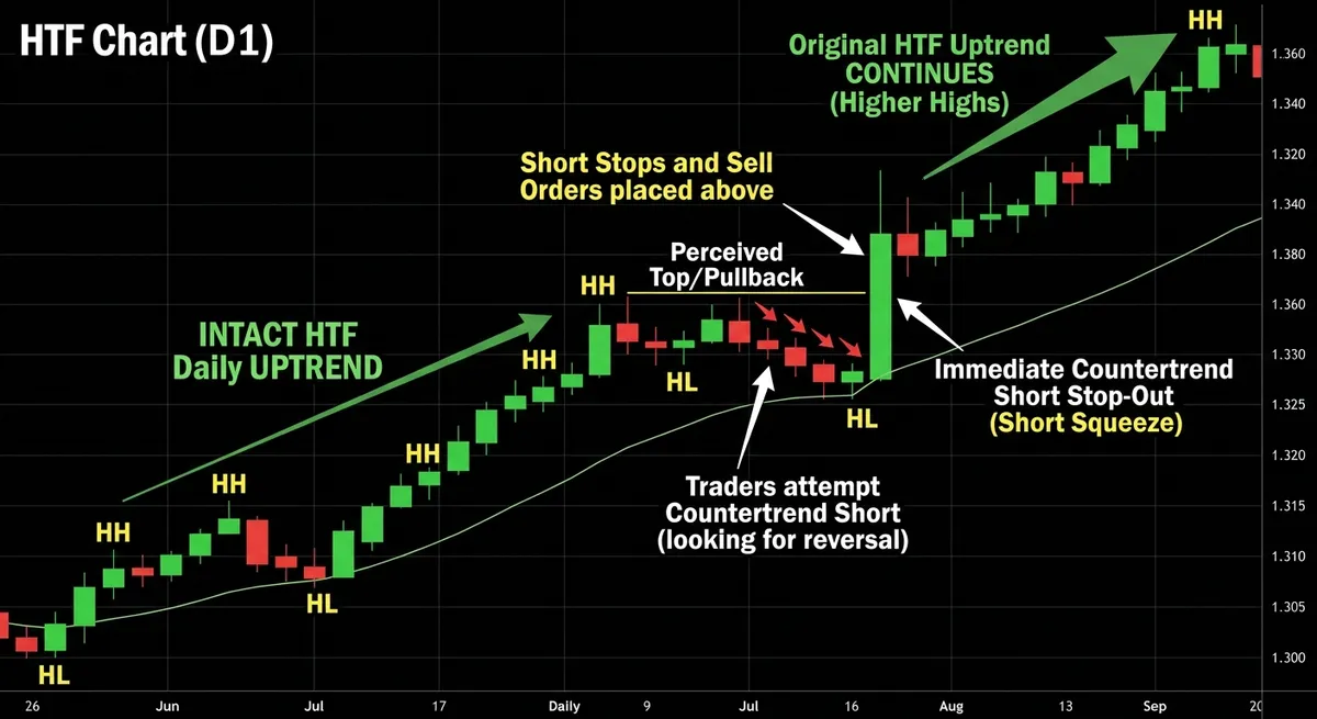 Daily chart showing an intact higher-timeframe uptrend where a countertrend short is stopped out in a short squeeze before the original uptrend continues