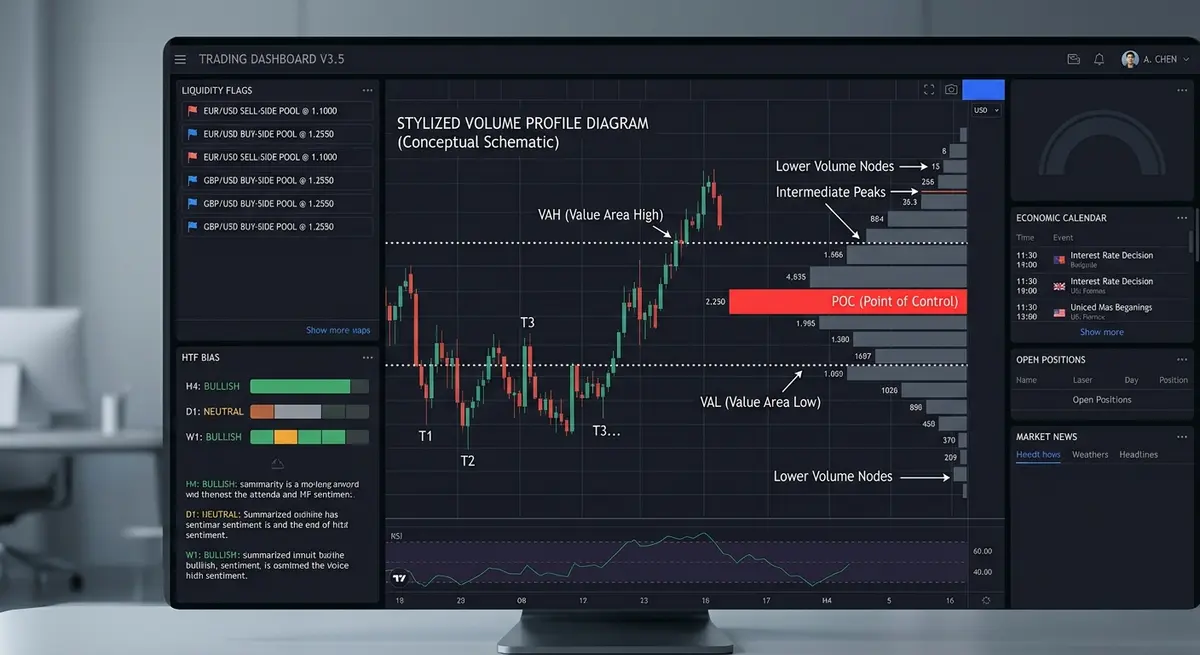 Crypto volume profile comparison showing a default equities-session anchored profile against a UTC daily-reset anchored profile on the same 24/7 chart