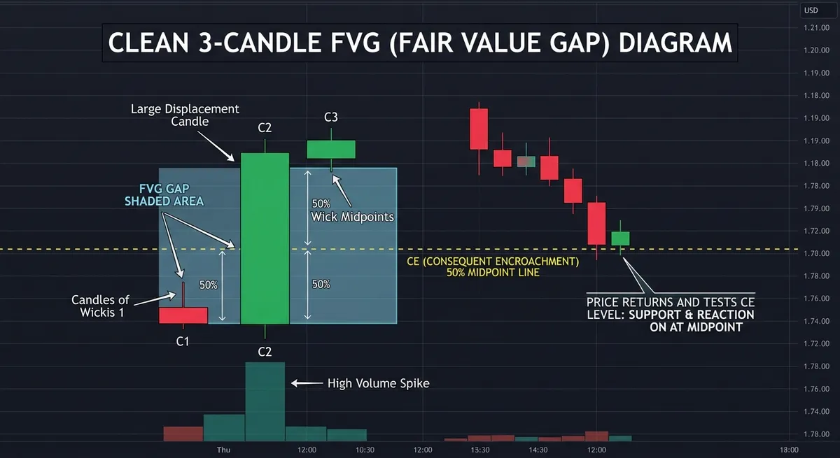 Diagram of a clean three-candle Fair Value Gap showing the 50% Consequent Encroachment line and price returning to test and react at that midpoint