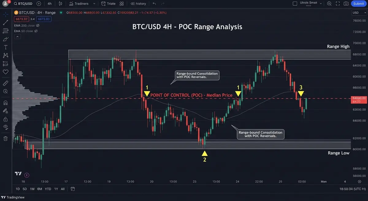Range-bound crypto chart showing price repeatedly reverting to the live point of control across multiple touches while the value area boundaries hold