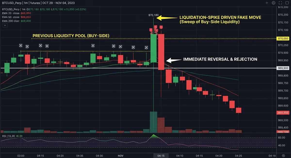 BTCUSD 1-minute futures chart showing a liquidation-spike driven fake move sweeping buy-side liquidity followed by an immediate reversal and rejection